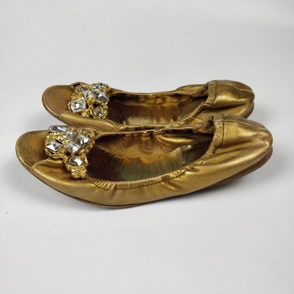 Miu Miu Prada Jeweled Embellished Peep Toe Ballet Flats Shoes Gold 38 EU - Picture 6 of 11